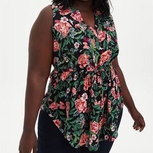 Torrid Emma Black Pink Green Floral Challis Babydoll Tunic‎ 2/2X #14785176